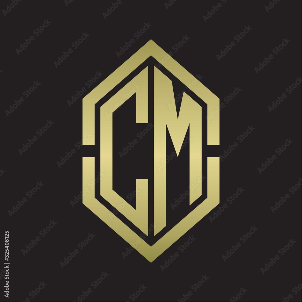 CM Logo monogram with hexagon shape and outline slice style with gold colors CM Logo monogram with hexagon shape and outline slice style with gold colors