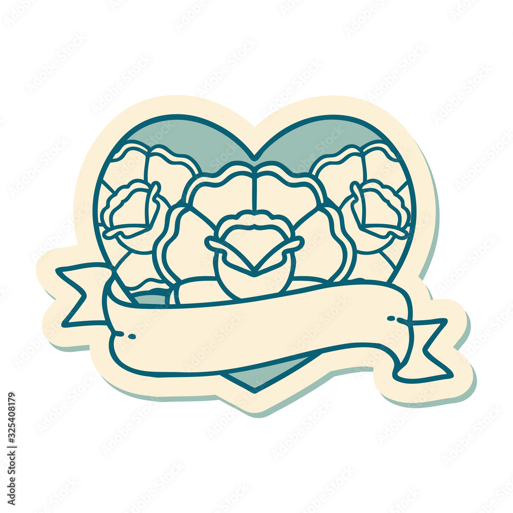 tattoo style sticker of a heart and banner with flowers tattoo style sticker of a heart and banner with flowers