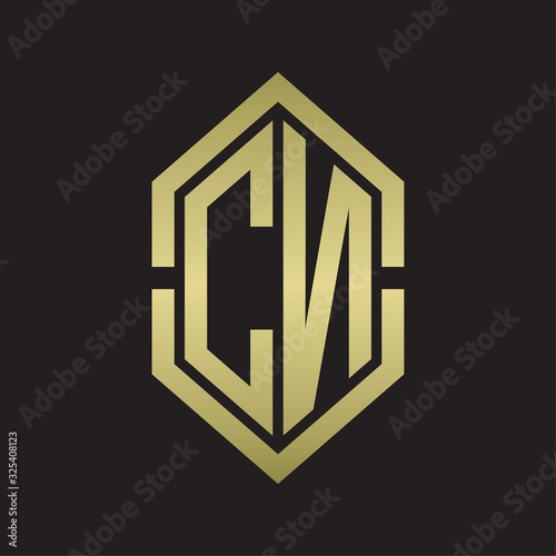 CN Logo monogram with hexagon shape and outline slice style with gold colors