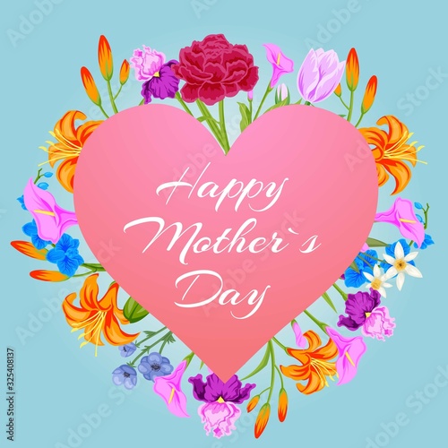 Happy mothers day with flowers pink heart with peopy, lily, roses and daisies floral card vector illustration. Floral wreath heart shape and flowers for mothers day poster or card.