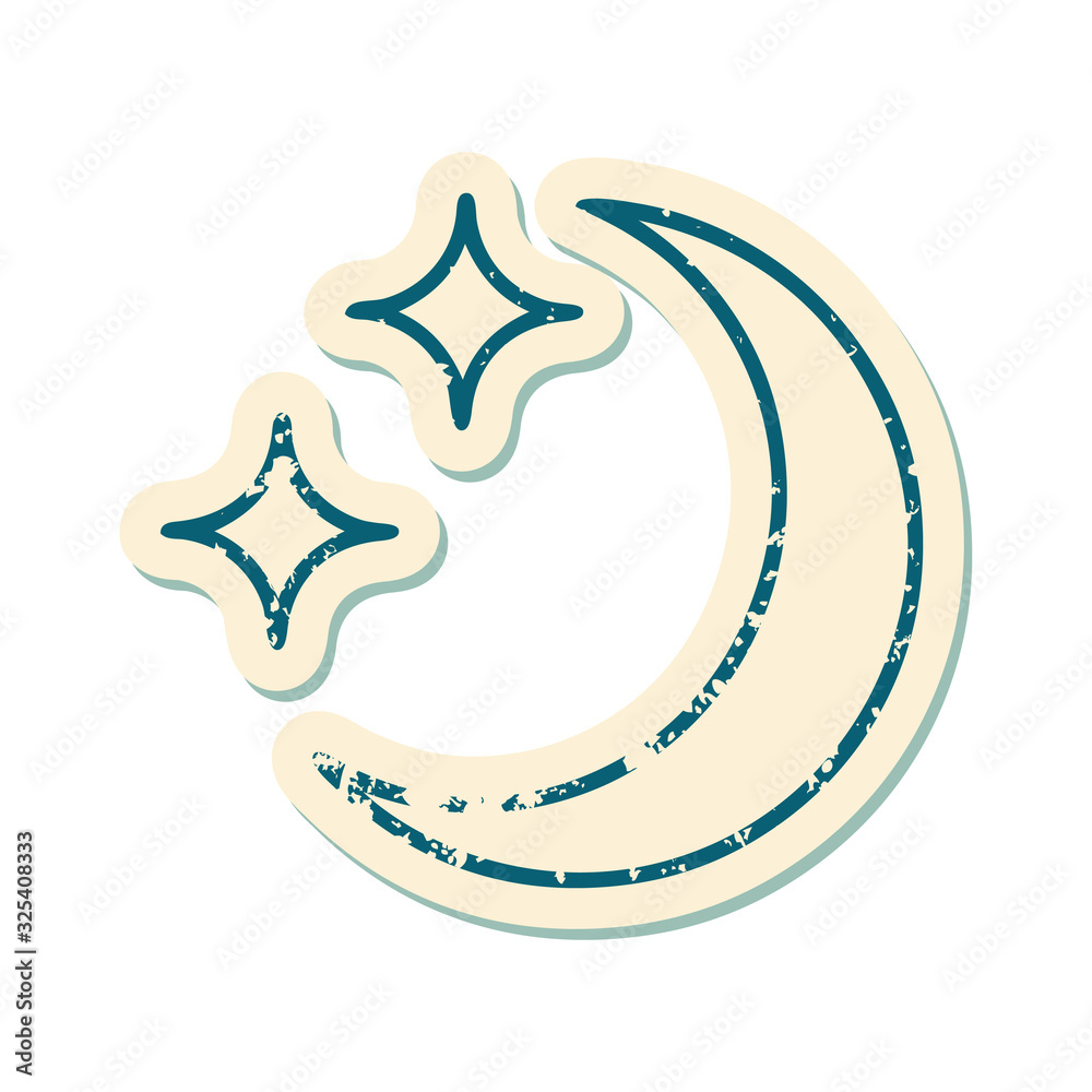 distressed sticker tattoo style icon of a moon and stars distressed sticker tattoo style icon of a moon and stars