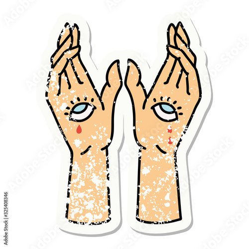 traditional distressed sticker tattoo of mystic hands