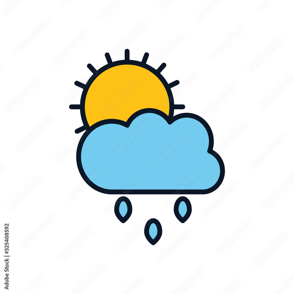 Isolated sun cloud and rain line fill style icon vector design