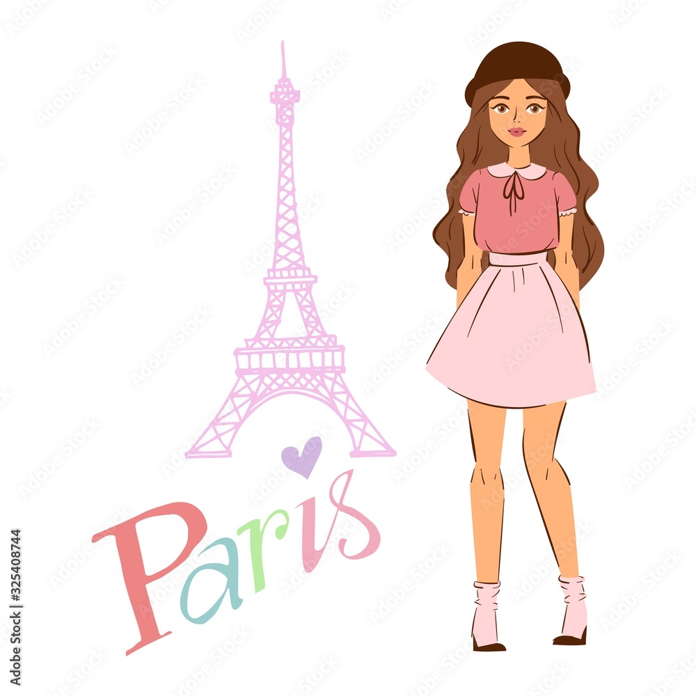 Paris and girl in fashion cloths in front of the Eiffel Tower vector cartoon illustration. I love you Paris. Shopping girl in Paris isolated on white elements for shops, travel agencies and posters.