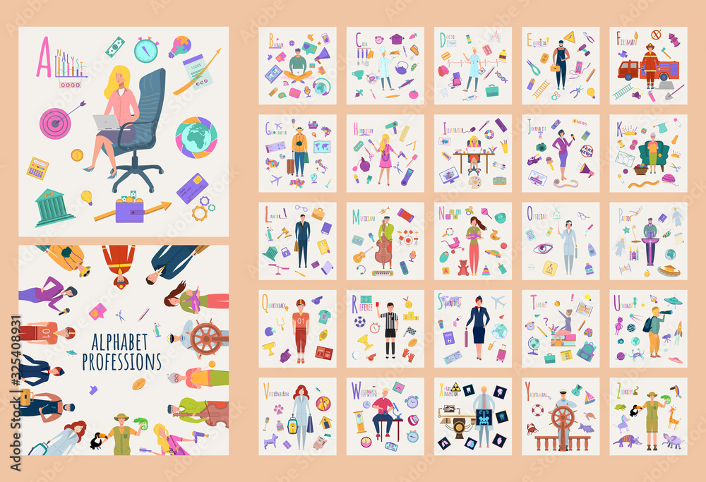 Colorful alphabet of professions. 26 professions. Book for children. Color book. Vector illustration