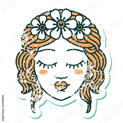 distressed sticker tattoo style icon of female face with eyes closed