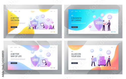 Freight Delivery Guarantee, Shipping Truck Logistics Website Landing Page Set. People Make Deal near Huge Shield Symbol. Merchandise, Cargo Insurance Web Page Banner. Cartoon Flat Vector Illustration