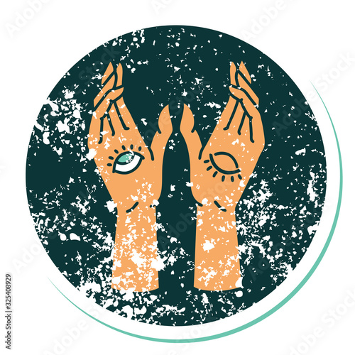 distressed sticker tattoo style icon of mystic hands