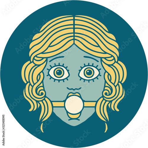 tattoo style icon of female face with ball gag