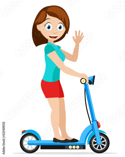 A girl rides an electric scooter on a white. Character