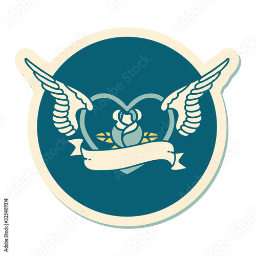 tattoo style sticker of a flying heart with flowers and banner