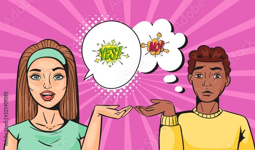 Yes and no young couple family pop art vector cartoon illustration. Caucasian female and dark skinned male couple quarelling. Family consultation concept. Comic speech bubble in pop art style .