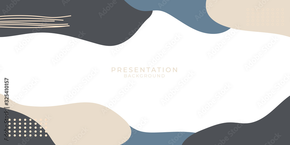 Memphis style abstract shapes with geometric liquid and wave. Brown grey white green vintage texture made of shapes for minimalistic presentation background.