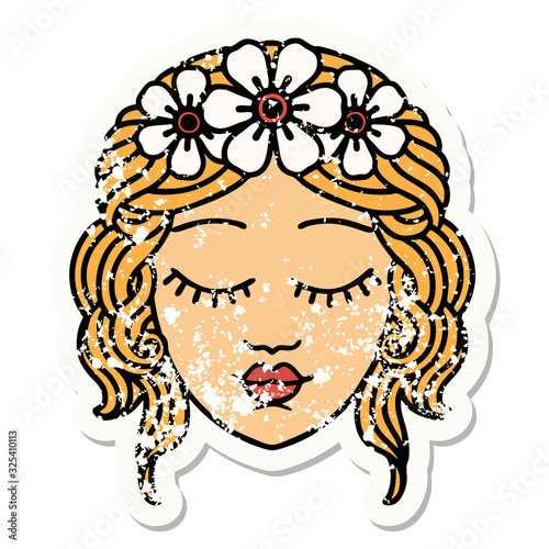 traditional distressed sticker tattoo of a maidens face