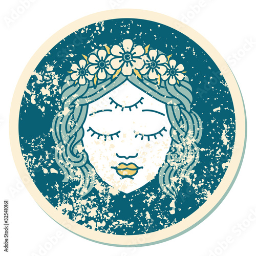 distressed sticker tattoo style icon of female face with third eye