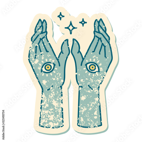 distressed sticker tattoo style icon of mystic hands