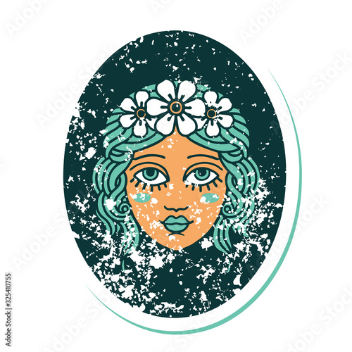 distressed sticker tattoo style icon of a maiden