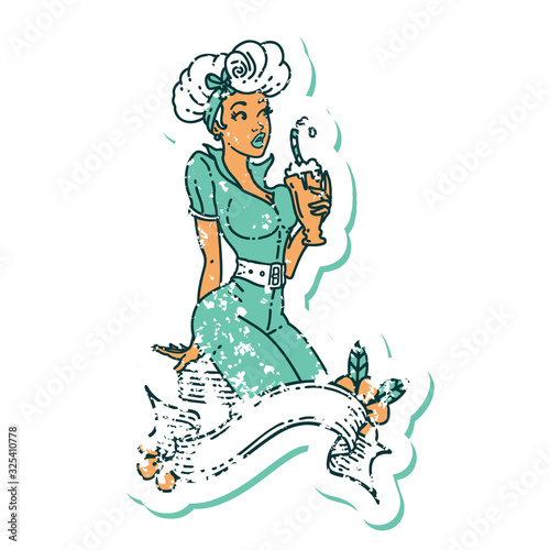 distressed sticker tattoo style icon of a pinup girl drinking a milkshake with banner