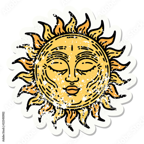 traditional distressed sticker tattoo of a sun