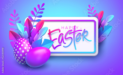 Easter background. Bright stylish 3D foliage in the style of webdesign neomorphism. Template for advertising banner, flyer, flyer, poster, web page. Vector illustration