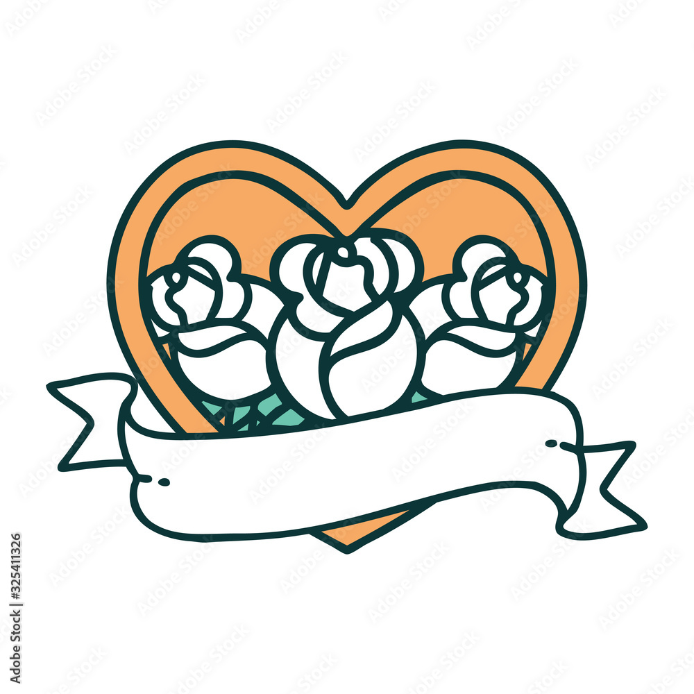 tattoo style icon of a heart and banner with flowers tattoo style icon of a heart and banner with flowers
