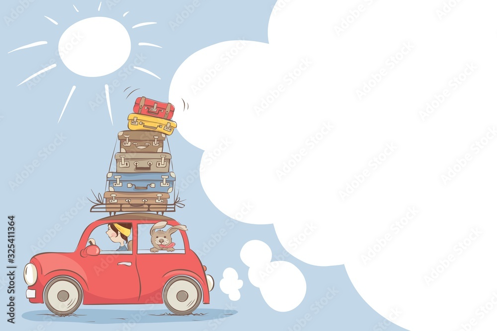 Fototapeta premium On a journey with a friend and all luggage / Girl goes on a journey with a dog , funny vector illustration with empty space.
