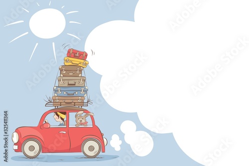 On a journey with a friend and all luggage / Girl goes on a journey with a dog , funny vector illustration with empty space.