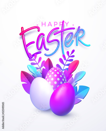 Easter background. Bright stylish 3D foliage in the style of webdesign neomorphism. Template for advertising banner, flyer, flyer, poster, web page. Vector illustration