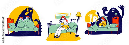 Nightmares Concept. Scared Children Sitting on Bed Hiding from Frightening Ghost under Blanket. Fearful Kids and Imaginary Monster. Mother Calm Down Son Cartoon Flat Vector Illustration, Line Art