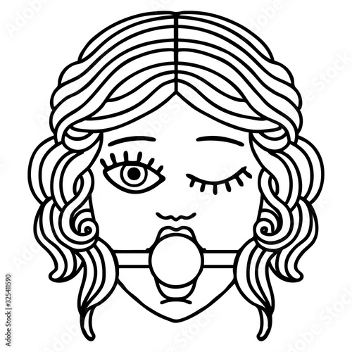 black line tattoo of winking female face with ball gag
