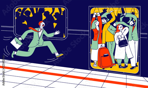 Man Running in Subway Platform to Crowded Train in Rushtime. People Pushing Each Other in Full Metro at Station in Rush Hour. City Traveling Transport Problem Cartoon Flat Vector Illustration Line Art