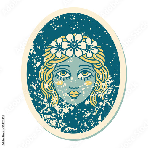 distressed sticker tattoo style icon of a maiden