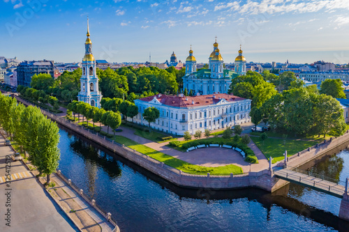 Saint Petersburg on a summer day. Russia. Top view of St. Nicholas sea Cathedral. Cathedrals Of St. Petersburg. The architectural ensemble of the St. Nicholas naval Cathedral. Travel to Russia.