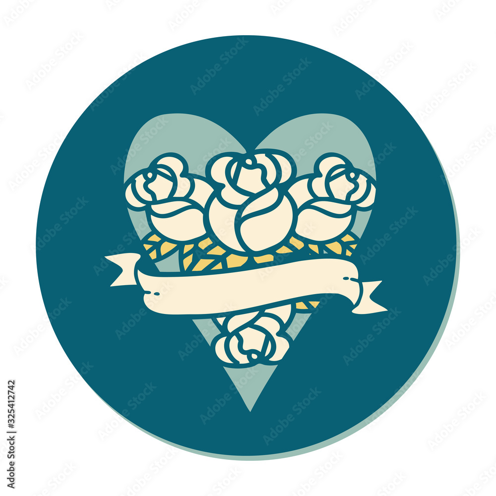 tattoo style sticker of a heart and banner with flowers