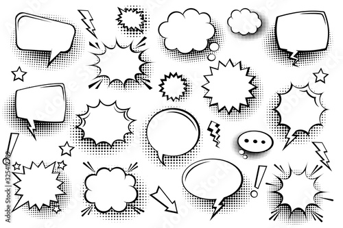 Collection of empty comic speech bubbles with halftone shadows. Hand drawn retro cartoon stickers. Pop art style. Vector illustration.