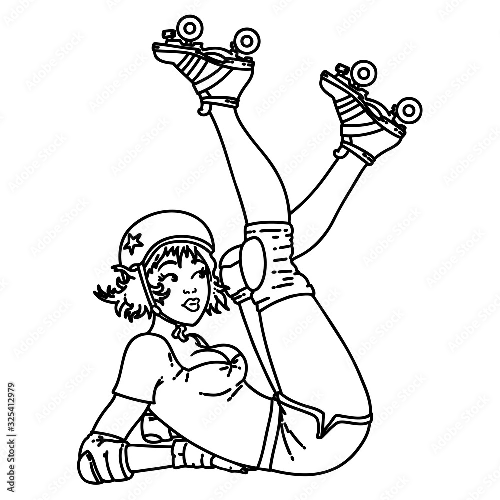 black line tattoo of a pinup roller derby girl Stock Vector | Adobe Stock