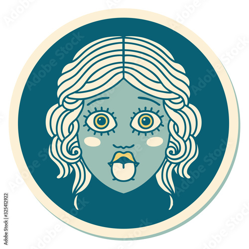 tattoo style sticker of female face sticking out tongue