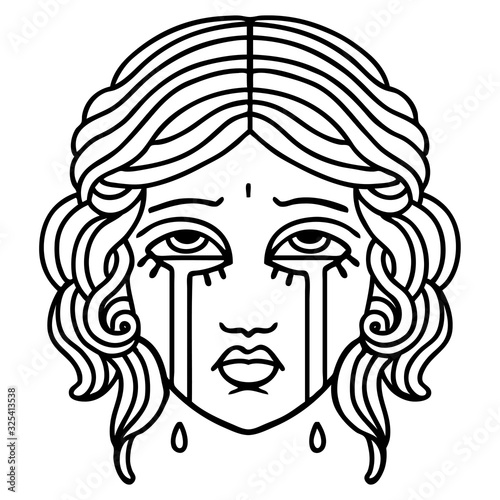 black line tattoo of female face crying