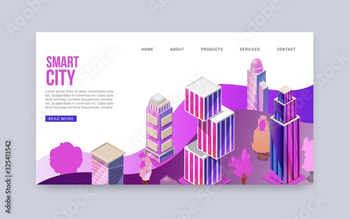 3D smart city with skyscrappers cityscape vector illustration banner. Urban background with isometric futuristic skyscrappers smart city website. Modern business centers or offices location.