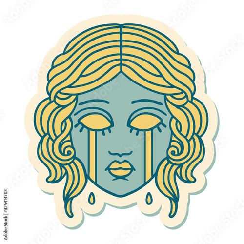 tattoo style sticker of female face crying