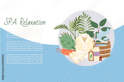 Spa relaxation and and sauna health relax, bath accessories vector illustration. Sauna relaxing procedures. Buckets, brooms, soaps, plants and bathing cloths for spa background.