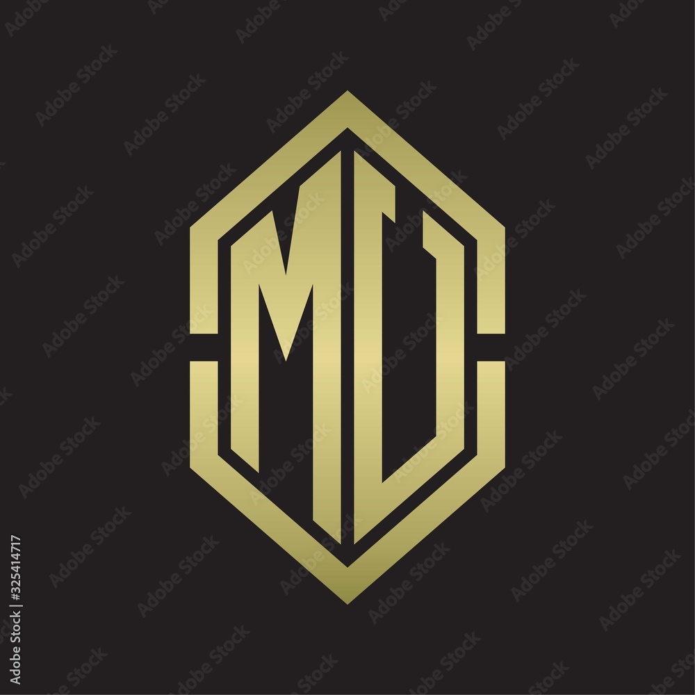 MU Logo monogram with hexagon shape and outline slice style with gold colors MU Logo monogram with hexagon shape and outline slice style with gold colors