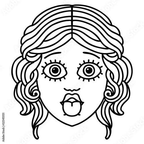 black line tattoo of female face sticking out tongue