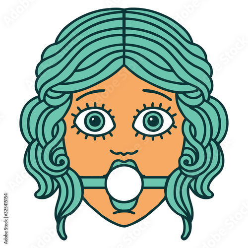 tattoo style icon of female face with ball gag