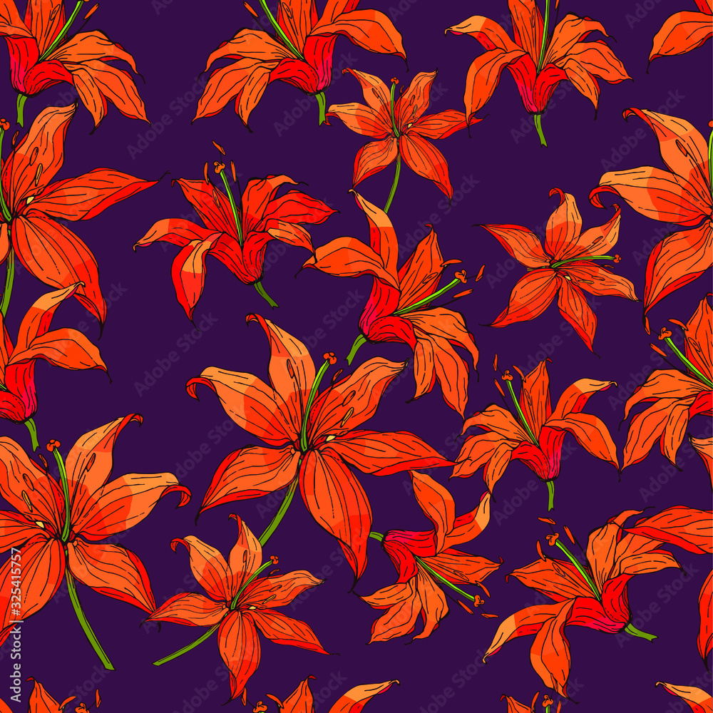Seamless floral pattern with hand-drawn fire lilies. Endless texture for your design, romantic greeting cards, advertising, fabrics