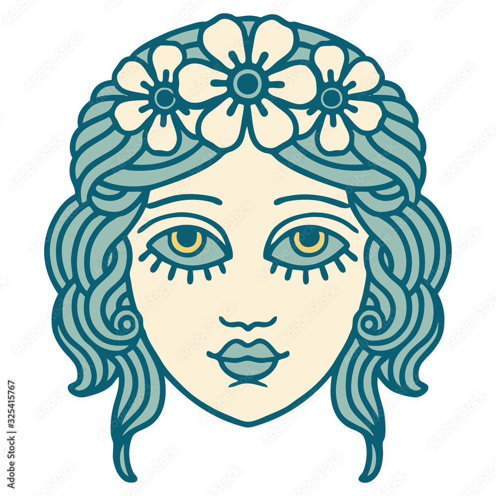 tattoo style icon of female face with crown of flowers tattoo style icon of female face with crown of flowers