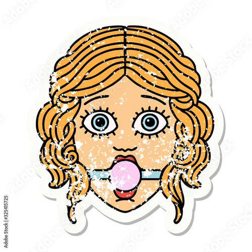 traditional distressed sticker tattoo of female face with ball gag