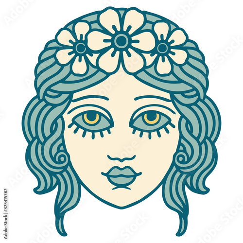 tattoo style icon of female face with crown of flowers