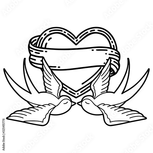 black line tattoo of a swallows and a heart with banner