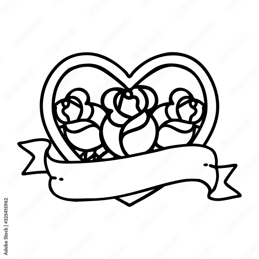 Obraz premium black line tattoo of a heart and banner with flowers